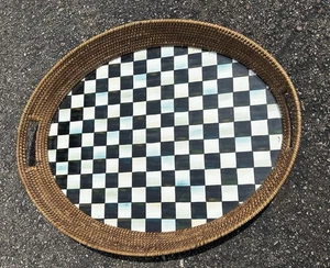 MACKENZIE CHILDS COURTLY CHECK RATTAN ENAMEL PARTY SIZE SERVING TRAY 21”x26” - Picture 1 of 14