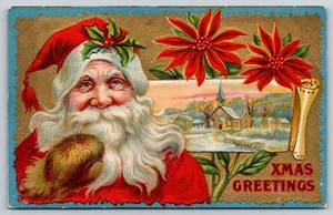 Santa Claus Portrait, Poinsettias & Snowy Village Inset, Xmas Greetings Postcard - Picture 1 of 2