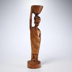 Escultura africana tallada en madera de mujer llevando recipiente de agua y bebé 13"h - Imagen 1 de 7