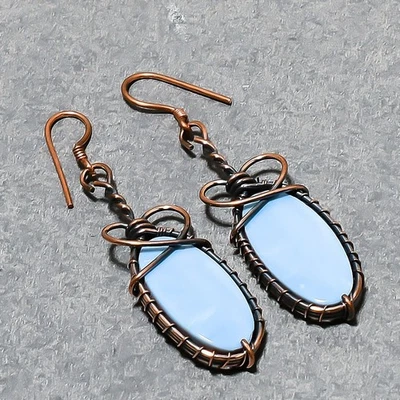 Pendientes de joyería de regalo de cobre envoltura de alambre de piedras preciosas con forma ovalada de ópalo azul 2,7" SR 132 Foto 1 de 4