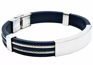 BLACKJACK BJB251W Mens Black Silicone Stainless Steel Wire Bangle ID Bracelet - Picture 1 of 1