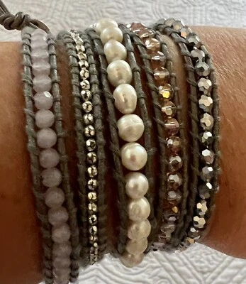 Lizou Natural Stones PearlsLong Beaded Wrap Bracelet Pale Pink Gray Pearl 33” - Image 1 of 4