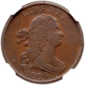 1806 C-1 R-1 NGC VF 30 Sm 6, No Stems Draped Bust Half Cent Coin 1/2c - Picture 1 of 3