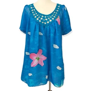 Soft Surroundings Silk Floral Top Sz L Babydoll Crocheted Bohemian Fairy Hippie - Picture 1 of 21