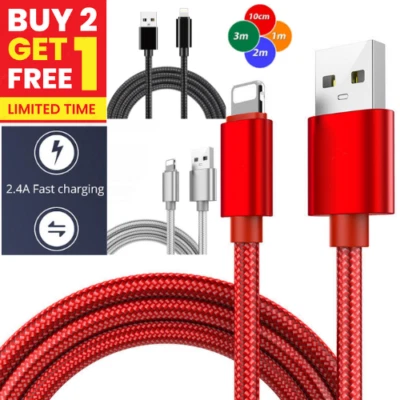 For iPhone Charger Cable Heavy Duty Braided USB Charging Lead Data Sync 1M 2M 3M - Image 1 of 4