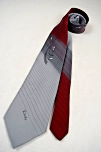 Neck Tie VTG 60s Lilly Dache 2 Tone Gray Red Feathery Design Poly Silk 56 x 3.5" - Picture 1 of 8