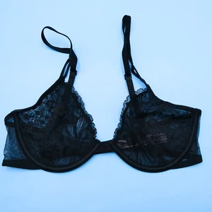 Victorias Secret 34C Unlined Demi Balconette Bra Black Lingerie Floral Lace New - Picture 1 of 8