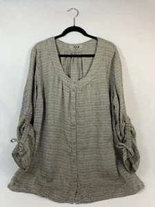 Flax Size 3G 100% linen Gray Button Front Long Sleeve Lagenlook Tunic Blouse - Picture 1 of 14