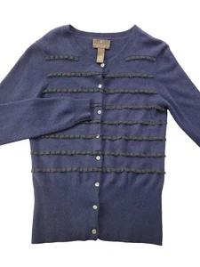 Fenn Wright Manson Women's M Navy Black Ruffle Stripes Cashmere Knit Cardigan  - Picture 1 of 6