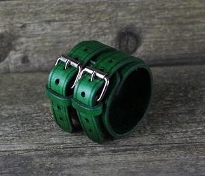 Pulsera de cuero verde, puño hombre, accesorios mujer. - Imagen 1 de 12