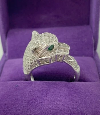 Anillo Effy Panther Distintivo Plata de Ley 925 Pavé Diamantes y Ojos Tsavorita Foto 1 de 4