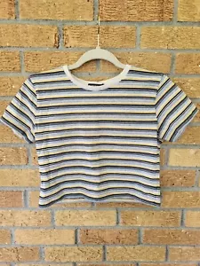 Brandy Melville Short Sleeve Baby Tee Crop Top, Blue Brown Stripes OS - Picture 1 of 5