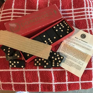 Vintage Rare KC London Dominos Set Red Box Black Tiles Instructions Paper Divide - Picture 1 of 12