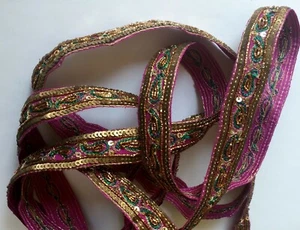 JASDEE Vintage Border Trim 3/4" Width Hand Work Sequin & Gotta Embroidery #A1127 - Picture 1 of 2