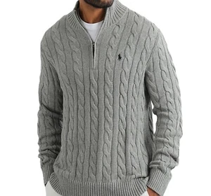 NWT - Polo Ralph Lauren Men's 1/4 Zip Cable Knit Cotton Sweater: GRAY - M - XXL - Picture 1 of 13