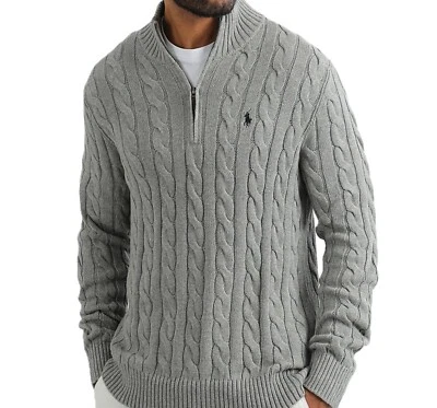 NWT - Polo Ralph Lauren Men's 1/4 Zip Cable Knit Cotton Sweater: GRAY - M - XXL - Image 1 of 4