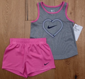 Nike Toddler Girl Tank Top & Shorts Set ~ Gray, Pink & Black ~Heart ~DRI-FIT~ 4T - Picture 1 of 3