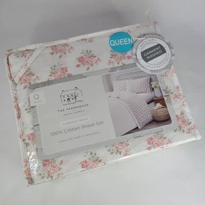 R Ashwell Farmhouse Shabby Chic QUEEN Sheets Pink Roses Strawberry Plants Cotton - Picture 1 of 13