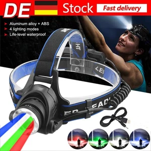 Weiß/Rot/Grün/Blau Licht LED USB Aufladbar Jagd Kopflampe Stirnlampe 4 Modes Kit - Bild 1 von 15