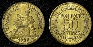 FRANCE Aluminum-Bronze 1923 50 Centimes HIGH GRADE KM# 884 (28 111) - Picture 1 of 3