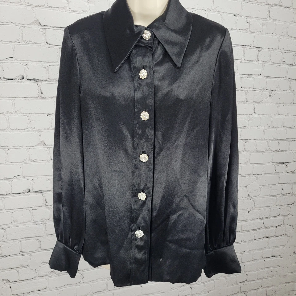 Blusa De Colección Sin Marca Negra Satén Abotonada Manga Larga EE. UU. Hecha en Unión Talla 14 Foto 1 de 4