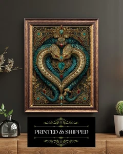 Art Nouveau Jeweled Snake Serpent Heart Gold Turquoise Fantasy Wall Art Print - Picture 1 of 5
