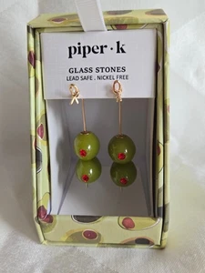 New PIPER.K  Cocktail Olive Glass Stone Drop Dangle Earrings In Box - Picture 1 of 3