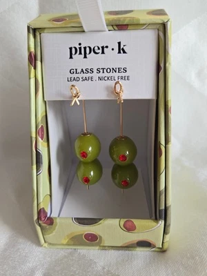 New PIPER.K  Cocktail Olive Glass Stone Drop Dangle Earrings In Box - Image 1 of 3