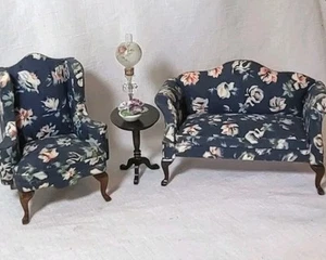 Town Square Vintage Living Room Furniture Set Navy Floral Couch 1:12 Scale - Picture 1 of 5