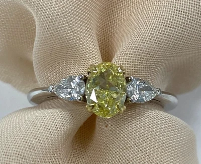 1.34Ct Oval Lab Grown Fancy Vivid Yellow Diamond Three Stone Ring In 14k Gold - Image 1 of 4