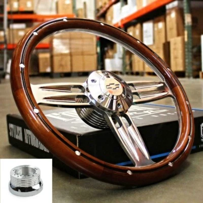 Volante de madera oscura pulida de 14" bocina de pajarita para camioneta Chevy 1960-69 Foto 1 de 4
