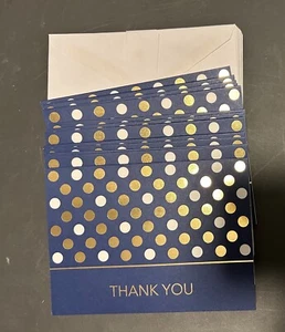 25 Blank Thank you Card w Envelope * Navy Blue & Gold * Polka Dot Script Diamond - Picture 1 of 7