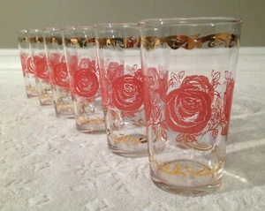 Vintage FEDERAL 1960s; Set-of-6 Clear Juice-Glasses Gold+Pink Graphics ~5-IN  - Bild 1 von 12