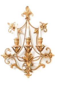 Large Italian Gold Gilt Bronze 3 Arm Wall Sconce Giltwood Fleur De Lis Flowers - Picture 1 of 6