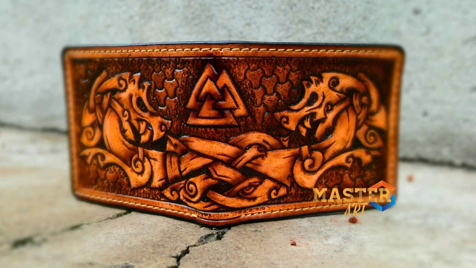 皮革 Viking Dragon 钱包,维京人钱包,雕刻钱包,个性化钱包 — 第 1/4 张图片