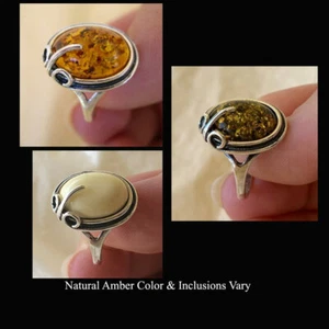 ANELLO FATTO A MANO VERDE BALTICO BUTTERSCOTCH o MIELE AMBRA & ARGENTO STERLING - Foto 1 di 29