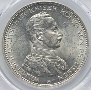 1914 A Alemania Prusia 5 marcos plata Guillermo II PCGS MS-61 moneda inicio de la Primera Guerra Mundial - Imagen 1 de 4
