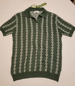 NWT Oxknit Men's Retro Collared Polo Knit Short Sleeve Shirt Green Cream XL - Picture 1 of 6