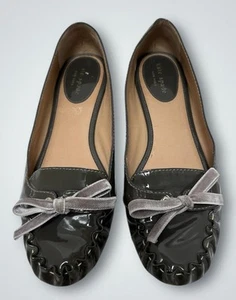 Kate Spade 8.5 Flats Patent Leather Gray Green Velvet Bow 8 1/2 - Picture 1 of 9