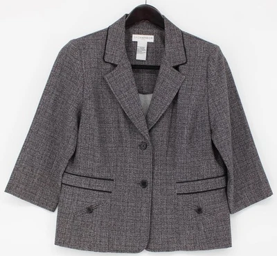 Blazer Sag Harbor para mujer 12 gris negro manga 3/4 2 botones muesca solapa tweed Foto 1 de 4