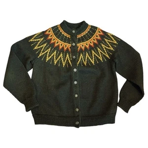 Vintage Women’s Sz S 70s Green Yellow Nordic Fair Isle Cardigan Sweater Wool - Picture 1 of 9