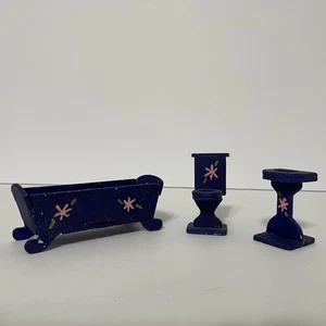 Juego de baño pintado de madera para casa de muñecas 1:12 inodoro bañera fregadero azul lote floral - Imagen 1 de 13