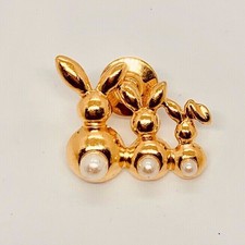 Vintage Gold Tone Faux Pearl Bunny Tails Papa Mama Baby Brooch Pin Jewelry