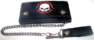 Harley Davidson Vintage Willie G Skull Black Leather Chain Trucker Wallet - Picture 1 of 6