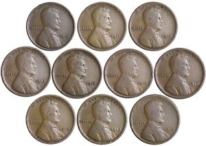 LOT SET RUN (10 COINS) 1910 - 1919 LINCOLN WHEAT CENT PENNIES TEENS NICE SET!