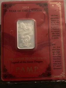 2024 Pamp Suisse Lunar Legends Azure Dragon 10 Gram Silver Bar - In Assay/Sleeve - Picture 1 of 2