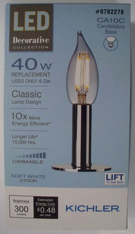 Kichler LED 40W/4W CA10C Candelabra Filament-Soft White-Dimmable-514095-Save 2+ - Image 1 of 1