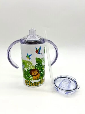 Jungle Sippy Cup 12oz Personalised Kids Water Bottle Drink Sports Baby Tumbler - Image 1 of 4
