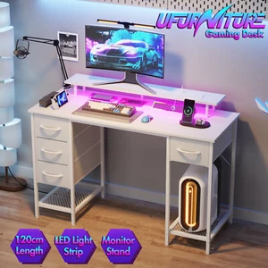 RGB LED Gaming Desk Power Outlets Removable Drawers Computer Workstation White - Picture 1 of 9