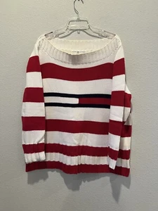 Vintage Tommy Hilfiger Sweater Red White Stripe Big Logo Flag Size 2X Cotton - Picture 1 of 8